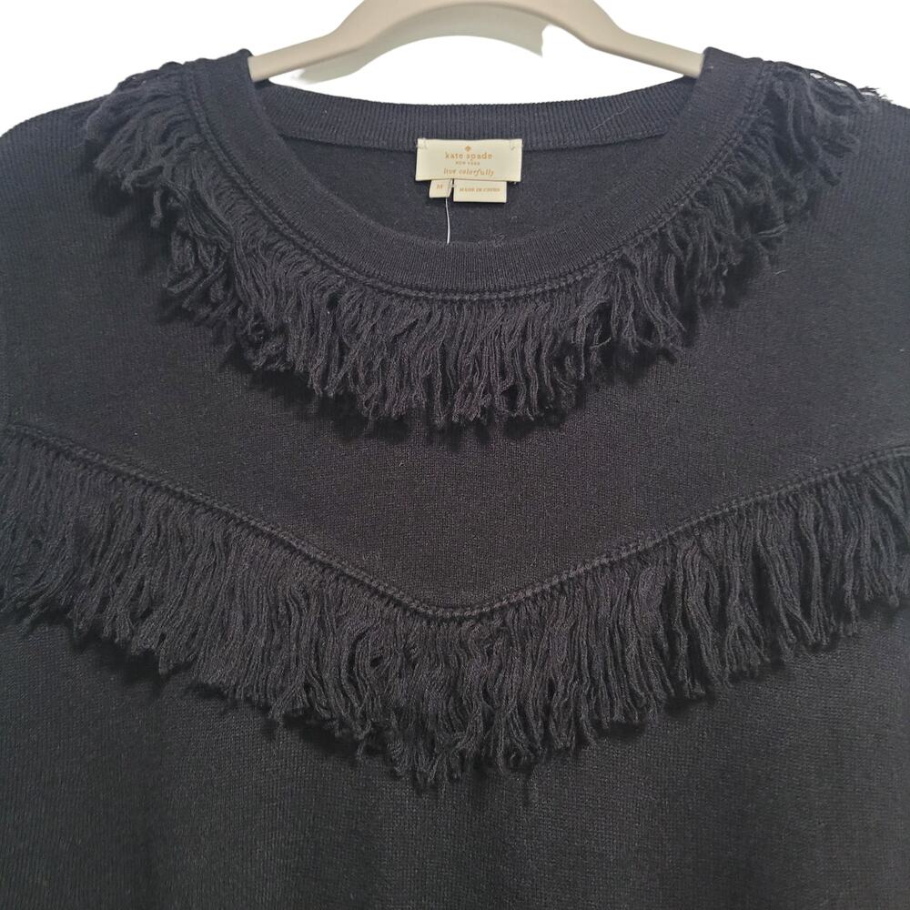 NWT Kate Spade Black NY Broome Fringe 3/4 Sleeve Pullover Sweater Size Medium - Picture 2 of 6